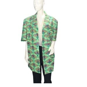 Green Abstract Print Short Sleeve Jacket Handmade Look Artwear L/XL VTG 80s/90s